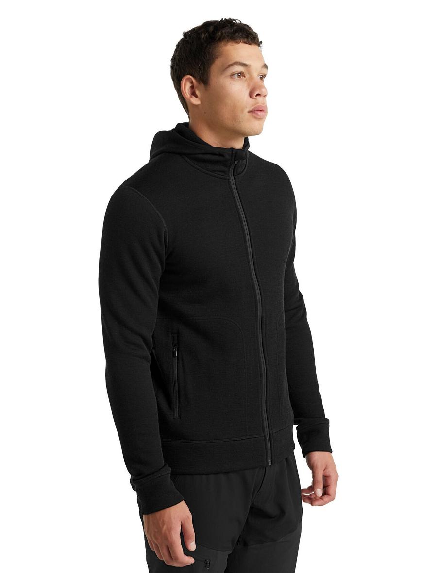 Men's Icebreaker RealFleece® Merino Elemental Long Sleeve Zip Hood Jackets Black | CA 1706MQZA